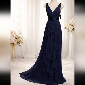 Vera Wang White Maxi Ruffle Cocktail Party Navy Blue Dress Size 6 New with Tags